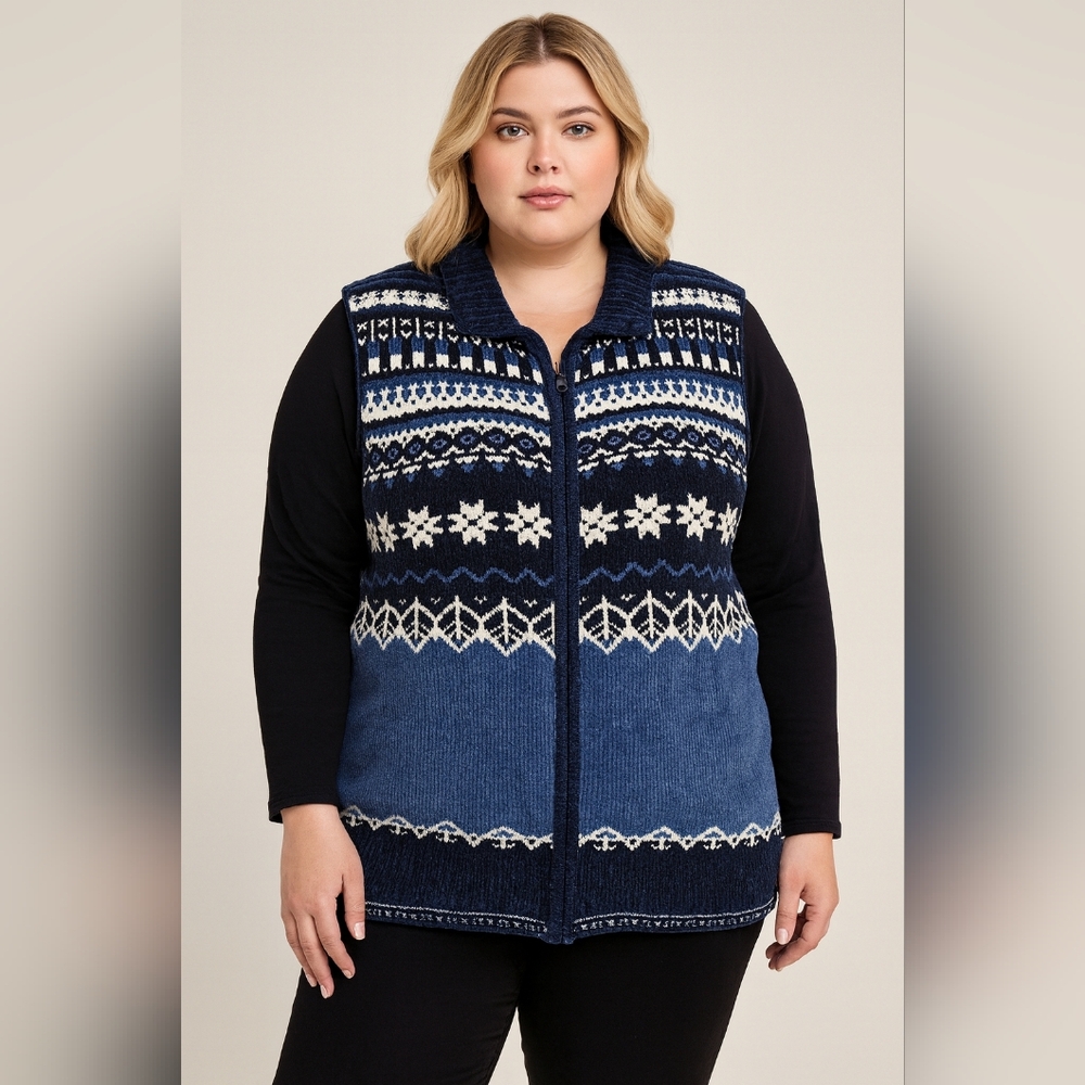 Vintage Studio Femme Chenille Fair Isle Zip Vest 2X Plus